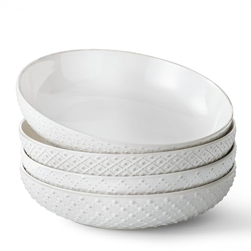Y YHY 8.5" Pasta Bowls Set of 4, 30 oz Embossed Salad Bowls for Serving Soup, Noodle, Fruit, Dinner, Kitchen Deep Plates, Ceramic Dinnerware Sets, Soft White Dishes for Thanksgiving Day Gifts - size: 8.5 IN