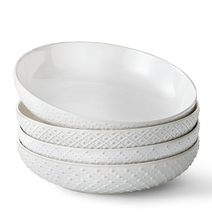 Y YHY 8.5" Pasta Bowls Set of 4, 30 oz Embossed Salad Bowls for Serving Soup, Noodle, Fruit, Dinner, Kitchen Deep Plates, Ceramic Dinnerware Sets, Soft White Dishes for Thanksgiving Day Gifts - size: 8.5 IN