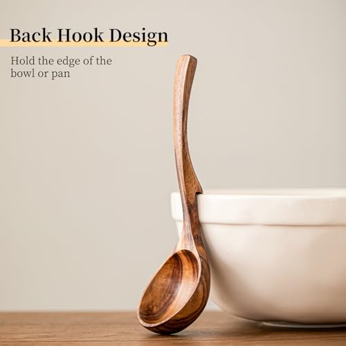 Gudamaye 3 Size Wooden Soup Ladles Set,3 Hooks for Bowl,Pot. Natural Teak Wooden Ladle,10.6 inch Big Soup Ladle, 9 inch Serving Spoon & 8 inch Wood Ladles for Cooking,Teak Deep Ladle Spoons - style: 3 PCS Teak Ladle