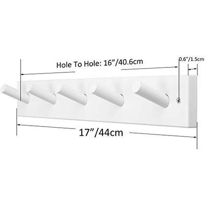 SKOLOO Coat Rack Wall Mount 17 inch, 5 Hooks, Bamboo, Shaker Style, White | Wooden hooks for wall, painted finish, 100-lb cap, entry/bath/bed, hanging backpack coat towel hat, 16" stud spacing - color: White, size: 17 inch
