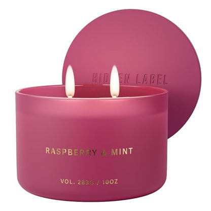 Hidden Label Raspberry Mint Scented Candle, 10 oz 2-Wick | Soy wax jar candle, up to 45 hours, fruity fresh scent for bedroom, bathroom, kitchen and candle gifting - color: Raspberry Mint