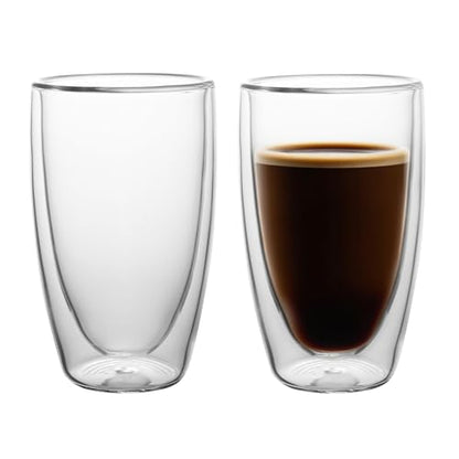 NIRA.Z 2 Pack 16oz Double Wall Glass Coffee Mugs, No Hole Bottom, Insulated Borosilicate Glass Coffee Cups, Clear Mugs for Hot & Cold Beverages, Perfect for Espresso, Latte, Tea, Cappuccino