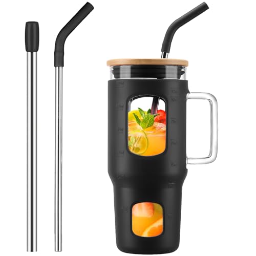 WINSA Glass Tumbler with Lid, 32 oz Glass Cup with Handle, Glass Water Bottles with Time Marker, 2 Straws - Pearl Straw & Silicone Protective Sleeve - Black - color: Black, size: 32 Ounces
