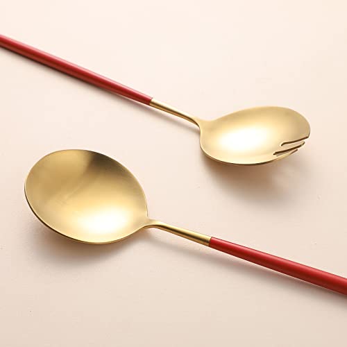 Salad Servers,Spoon and Fork Set 11.41 inch,18/10 Stainless Steel Salad Serving Titanium Plating (Red gold) - color: Red/Gold