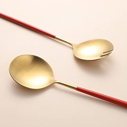 Salad Servers,Spoon and Fork Set 11.41 inch,18/10 Stainless Steel Salad Serving Titanium Plating (Red gold) - color: Red/Gold