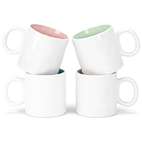 12oz White Ceramic Coffee Mugs, Set of 4 | Pastel glazed interior, wide handles, for latte, tea & cocoa, microwave & dishwasher safe