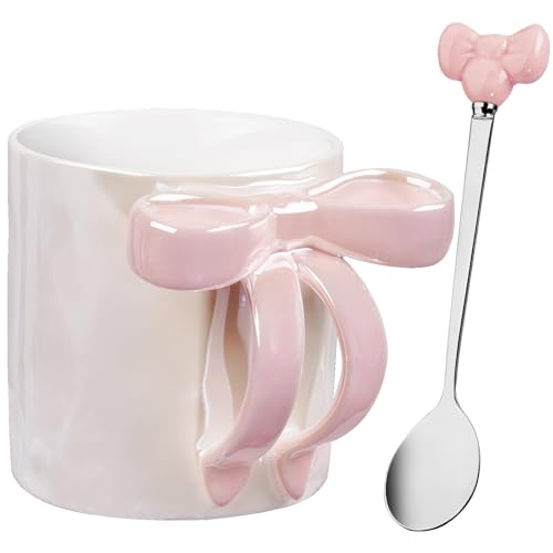 NiHome Cute Pink Bow Handle Ceramic Coffee Mug 12oz, Electroplated Shimmering Starry Finish, High-Temperature Fired, Girly Aesthetic Cup for Women, Home Office Travel, Pink - color: Pink, size: 12 Ounces