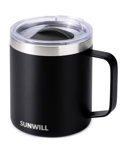 SUNWILL Travel Coffee Mug with Lid, Insulated Tumbler with Handle, 14oz Stainless Steel Cup for Camping, Outdoor, Powder Coated Black - color: Powder Coated Black