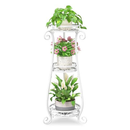 iDavosic.ly 3 Tier Tall Metal Plant Stand Outdoor Indoor, 34 Inch, White | Corner Flower Pot Holder Shelf, Wrought Iron Vertical Display Rack for Patio Porch Garden, Heavy Duty, Sturdy, Space Saving - color: Glossy White, size: 3 Tiers