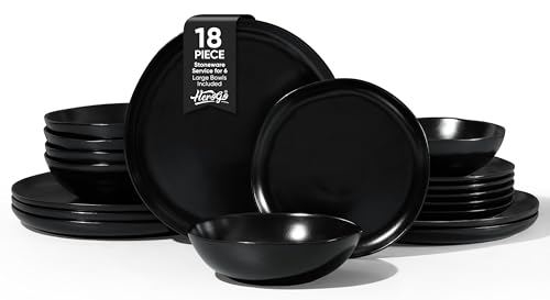 Herogo Stoneware Dinnerware Sets for 6, 18 Piece Ceramic Dinner Dishes Set, Irregular Handmade Plates and Bowls Dishware, Crack and Scratch Resistant, Reactive Glaze,Matte Black - color: Matte Black, size: 6 Set (18pcs)