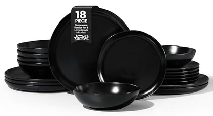 Herogo Stoneware Dinnerware Sets for 6, 18 Piece Ceramic Dinner Dishes Set, Irregular Handmade Plates and Bowls Dishware, Crack and Scratch Resistant, Reactive Glaze,Matte Black - color: Matte Black, size: 6 Set (18pcs)