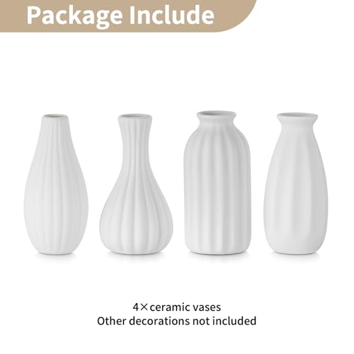NUPTIO White Ceramic Bud Vase: Small Assorted Vases 4 Pcs, Unglazed | Table Centerpiece Decorations, for Christmas, Home, Wedding, Dining, Room