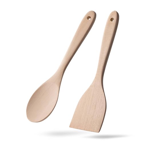 Wooden Spatulas for Cooking, 2 Pack, 12 Inch, Uncoated Beech Wood | Thin flat edges help flip, stir and scrape; long handles provide comfortable reach and stay gentle on nonstick cookware thick - color: Uncoated Beech Pale Yellow, size: Thick 13" Spoon +