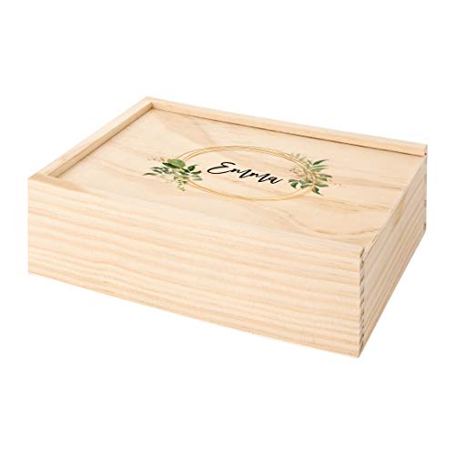 Koyal Wholesale Custom Gold Greenery Wreath Wedding Keepsake Box, 4 x 6 -inch, Custom Name, Natural Wood - color: Gold Greenery Wreath