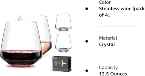 OJA Wine Glasses Set, Crystal Stemless Red Wine Glass, Set of 4, 13.5 oz | Dishwasher Safe, Red White Wine glass, Hand Blown, Unique Gifts for Him Her for Birthday, Wedding, Christmas, Anniversary - style: Set of 4-13.5 oz