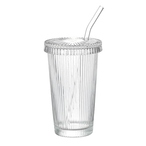 Drinking Glasses Set of 4,Ribbed Cocktail Glasses Set,Origami Style Water Glass Cups with Lids,Straws and 2 Straw Brushes for Iced Coffee, Juice,Smoothie