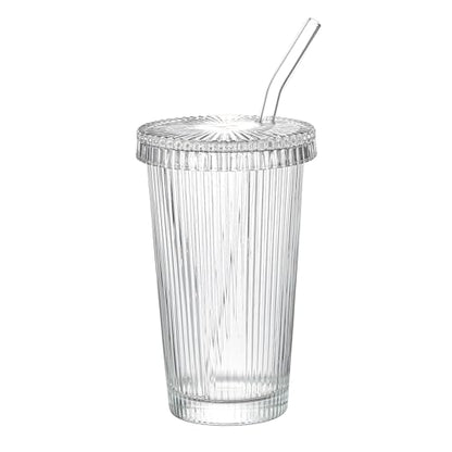 Drinking Glasses Set of 4,Ribbed Cocktail Glasses Set,Origami Style Water Glass Cups with Lids,Straws and 2 Straw Brushes for Iced Coffee, Juice,Smoothie