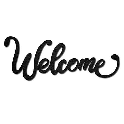 CREATCABIN Wood Cutout Welcome Sign Laser Cut Wooden Wall Decor Sculpture Hanging Decor Wall Art Decoration for Home Gallery Office Front Door Black 12 x 4.5 inch - color: Welcome