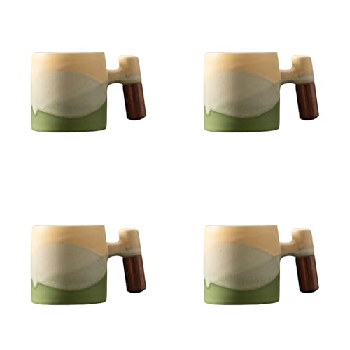 2-Oz Ceramic Espresso Cups with Wood Handle, 2/4-Piece Set for Coffee, Tea, Latte - Dishwasher Safe, Multi-Color & Wood Styles, Gift & Café Use (Kiln turning green, Wooden Handle4) - color: Kiln turning green, size: Wooden Handle4