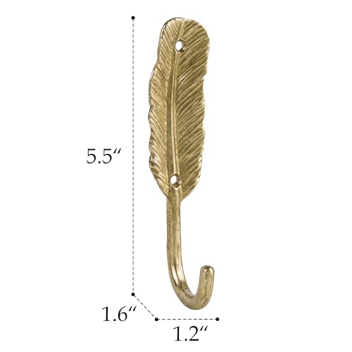 SOFFEE DESIGN 2PCS Golden Feather Metal Hooks, Wall Hangers for Coats & Jewelry, Delicate Bathroom Vanity Organizer - color: Gold