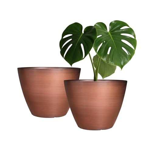 Vanslogreen 2 Pack Plastic Plant Pots with Drainage Holes, 8 inch Planter for Indoor Outdoor Plant, Garden Flower Pots for Aloe, Herbs, Cactus (Brushed Copper, 2pcs) - color: Brushed Copper, size: 2pcs