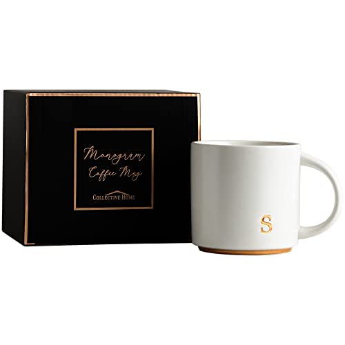 COLLECTIVE HOME Ceramic Coffee Mug, 15 oz Monogram Cup with Gift Box(S) | Dishwasher Safe, Engraved Gold Letter , Personalized Housewarming Birthday Present, Christmas Thanksgiving Mothers Day Gifts - color: gold-s