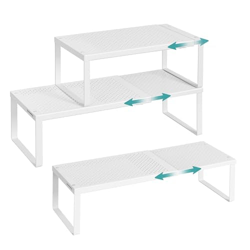 SONGMICS Spice Racks Expandable Kitchen Countertop Shelves, Metal | Set of 3 small cupboard organizers, space-saving tabletop shelves, Matte White, UKCS403WC01 - color: Matte White, size: Set of 3