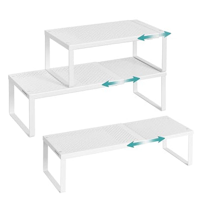 SONGMICS Spice Racks Expandable Kitchen Countertop Shelves, Metal | Set of 3 small cupboard organizers, space-saving tabletop shelves, Matte White, UKCS403WC01 - color: Matte White, size: Set of 3
