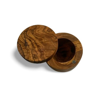 Handmade Olive Wood Salt and Pepper Keeper with Magnetic Swivel Lid – Rustic Wooden Salt Cellar for Kitchen Storage.