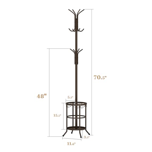 Coat Rack Freestanding With Umbrella Holder – Metal Hall Tree with 12 Hooks, Entryway Organizer for Hats, Bags, and Clothes (Brown) - color: Brown