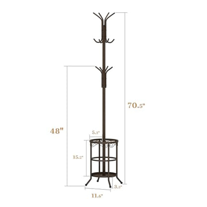 Coat Rack Freestanding With Umbrella Holder – Metal Hall Tree with 12 Hooks, Entryway Organizer for Hats, Bags, and Clothes (Brown) - color: Brown