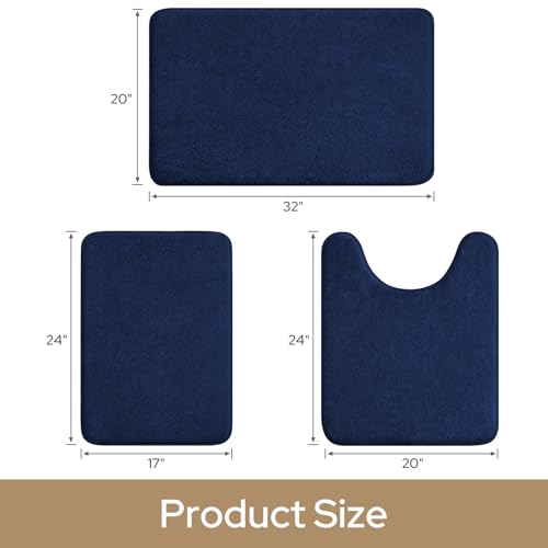 HOMEIDEAS Upgraded Bathroom Rugs Set 3 Piece, Ultra Soft Memory Foam Bath Mats, Super Absorbent Non Slip Washable U-Shaped Toilet Bath Rug (Navy Blue, 17"x24"+20"x32"+U-Shaped 20"x24") - color: Navy Blue