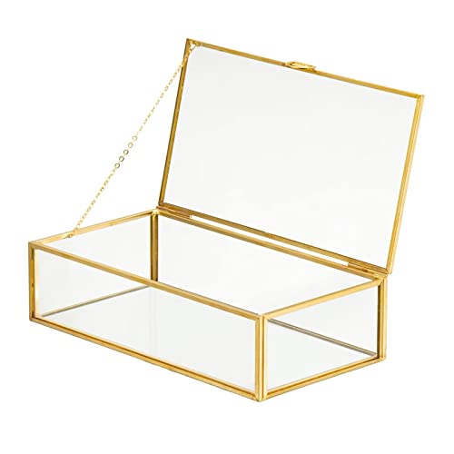 Vintage Glass Jewelry Box Keepsake Box with Hinged Lid, Clear Rectangle Storage Box Great for Storage Trinket/Jewelry/Card/Photo,Gift for Birthday Wedding -GCB005-Small - color: Glod / Transparent, size: Small
