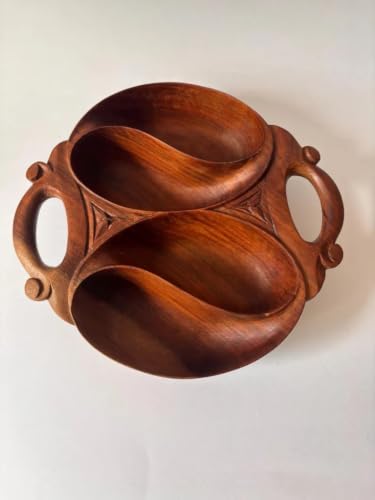 Handcrafted Wooden Divided Serving Bowl with Handles, 3-Compartment Snack Tray, Rustic Carved Wood Fruit Nut Dish for Kitchen Counter Dining Table Party, Brown