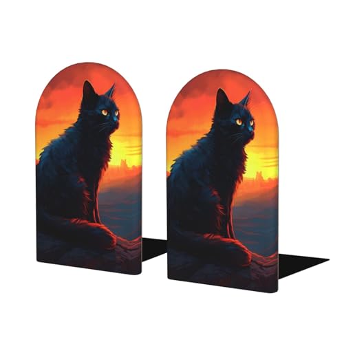 Black Cat Sunset Wooden Bookends for Shelves Decorative Book Ends Universal Book Organizer Holder for Office, Heavy Books, Vinyl Records - color: Black Cat Sunset