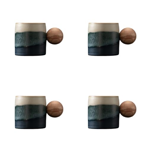 2-Oz Ceramic Espresso Cups with Wood Handle, 2/4-Piece Set for Coffee, Tea, Latte - Dishwasher Safe, Multi-Color & Wood Styles, Gift & Café Use (Kiln turning blue, Round Handle4) - color: Kiln turning blue, size: Round Handle4