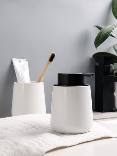 Bosilunlife Soap and Toothbrush Holder Set - Ceramic Bathroom Accessories Set White Foaming Hand Soap Dispenser Set Bathroom Counter Toothbrush Holder and Soap Dispenser Set - color: White-rounded Base Foam