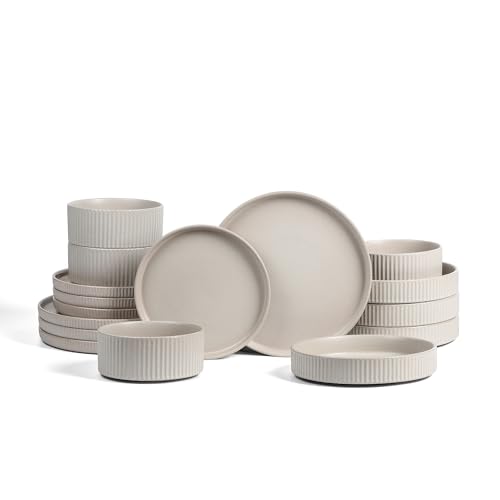 Stone Lain Haven Stoneware 16-Piece Dinnerware Set, Plates and Bowls Sets for 4, Dish Set, Includes Dinner and Salad Plates, Pasta & Cereal Bowls, Microwave & Dishwasher Safe, Beige - color: Beige, size: 16-Piece - Pasta Bowl