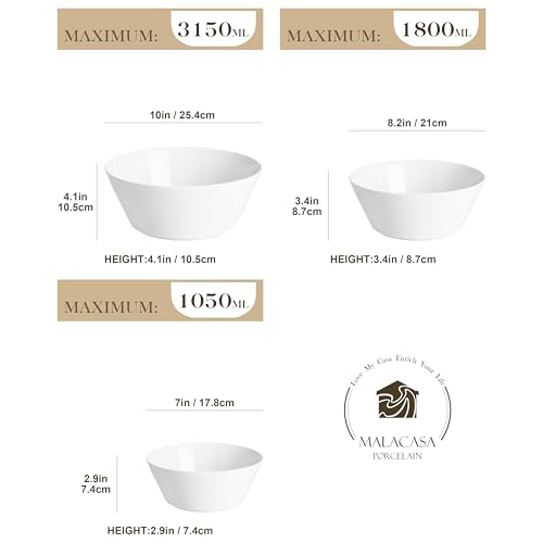 MALACASA White Serving Bowls Set of 3, Ceramic Mixing Bowl for Kitchen | 105/60/35 OZ Bowls for Family Salad, Soup, Pho and Fruit, Microwave & Dishwasher Safe, Series REGULAR - size: 35oz/60oz/105oz(3pcs)