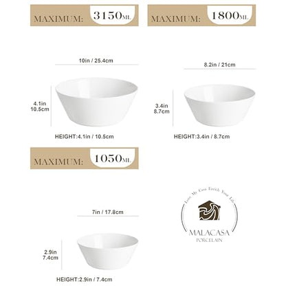 MALACASA White Serving Bowls Set of 3, Ceramic Mixing Bowl for Kitchen | 105/60/35 OZ Bowls for Family Salad, Soup, Pho and Fruit, Microwave & Dishwasher Safe, Series REGULAR - size: 35oz/60oz/105oz(3pcs)