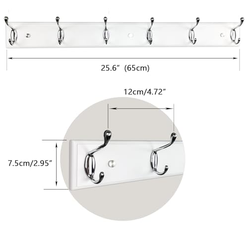 Wooden Wall Mounted Coat Rack – 25 Inch (65vcm), White with 6 Silver Hooks for Entryway, Hallway, Bedroom - size: Medium-25.6in(65cm),6 Silver Hooks, style: Modern