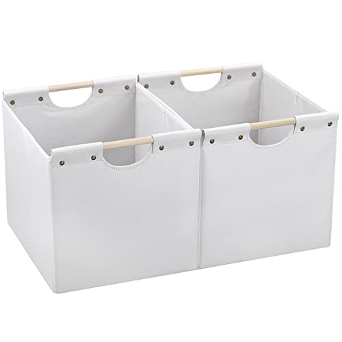 HOONEX Large Collapsible Storage Bins, Linen Fabric, Pack of 2, Storage Baskets with Wooden Carry Handles and Sturdy Heavy Cardboard, for Home, Office, Car, Nursery, White - color: White