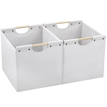 HOONEX Large Collapsible Storage Bins, Linen Fabric, Pack of 2, Storage Baskets with Wooden Carry Handles and Sturdy Heavy Cardboard, for Home, Office, Car, Nursery, White - color: White