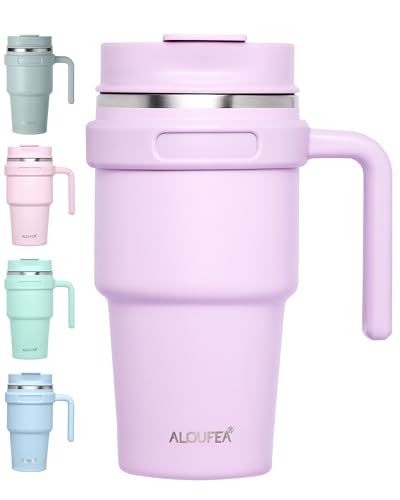 20 oz Insulated Travel Coffee Mug Tumbler with Handle and Straw | Leakproof Stainless Steel Coffee Cup with Lid, Double Wall Vacuum Ice Thermal Cup, Lavender - color: .Lavender, size: 20 Ounces