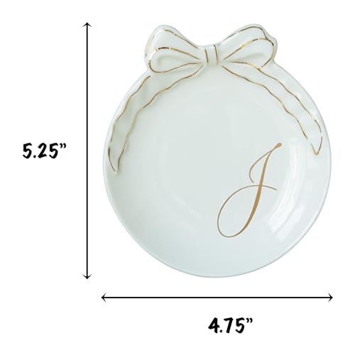 COLLECTIVE HOME Ceramic Jewelry Tray, Monogram Trinket Dish with Bow (J) | Mothers Day Graduation Christmas Birthday Gifts for Women, Bridesmaid Proposal Gifts, Features Real Gold Trim & Gift Box - color: J