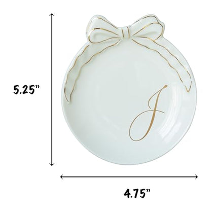 COLLECTIVE HOME Ceramic Jewelry Tray, Monogram Trinket Dish with Bow (J) | Mothers Day Graduation Christmas Birthday Gifts for Women, Bridesmaid Proposal Gifts, Features Real Gold Trim & Gift Box - color: J