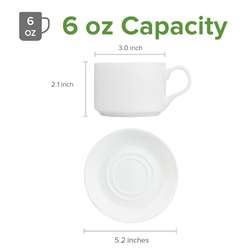 Fine Bone China Stackable Cup and Saucer Set of 6, Pure White Color Glaze Easy to Clean, 6 oz Capacity for Espresso & Cappuccino, Thin and Lightweight Comfortable to Hold, Microwave & Dishwasher safe