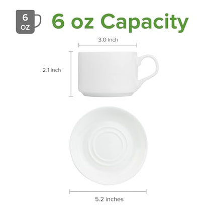 Fine Bone China Stackable Cup and Saucer Set of 6, Pure White Color Glaze Easy to Clean, 6 oz Capacity for Espresso & Cappuccino, Thin and Lightweight Comfortable to Hold, Microwave & Dishwasher safe