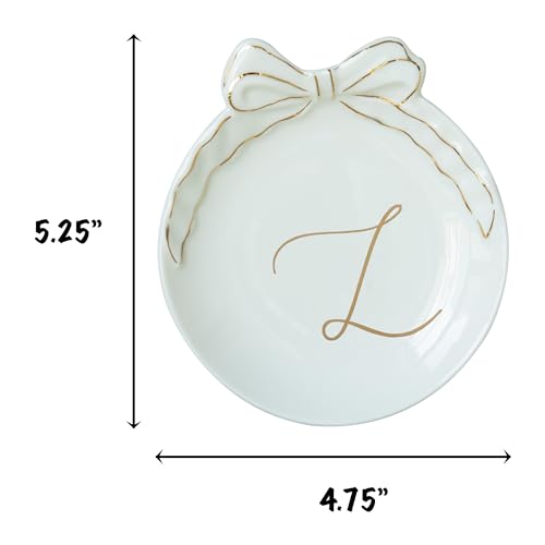 COLLECTIVE HOME Ceramic Jewelry Tray, Monogram Trinket Dish with Bow (L) | Mothers Day Graduation Christmas Birthday Gifts for Women, Bridesmaid Proposal Gifts, Features Real Gold Trim & Gift Box - color: L