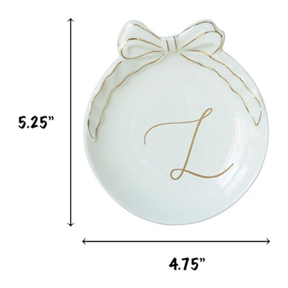 COLLECTIVE HOME Ceramic Jewelry Tray, Monogram Trinket Dish with Bow (L) | Mothers Day Graduation Christmas Birthday Gifts for Women, Bridesmaid Proposal Gifts, Features Real Gold Trim & Gift Box - color: L